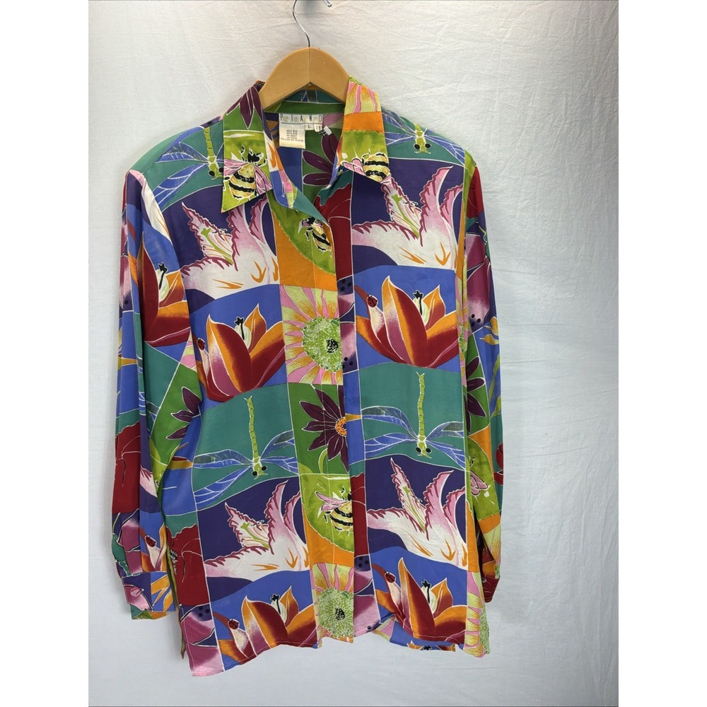 VTG Piano Tunic Blouse silk LG Womens Button Floral insects Colorful statement